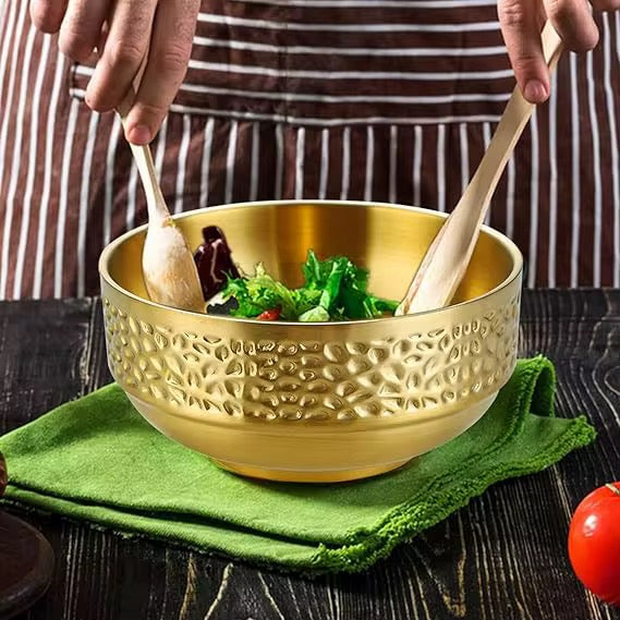 304 Stainless Steel Hammered Double Layer Rice Bowl Serving Bowl Hammered Pattern 1Pc