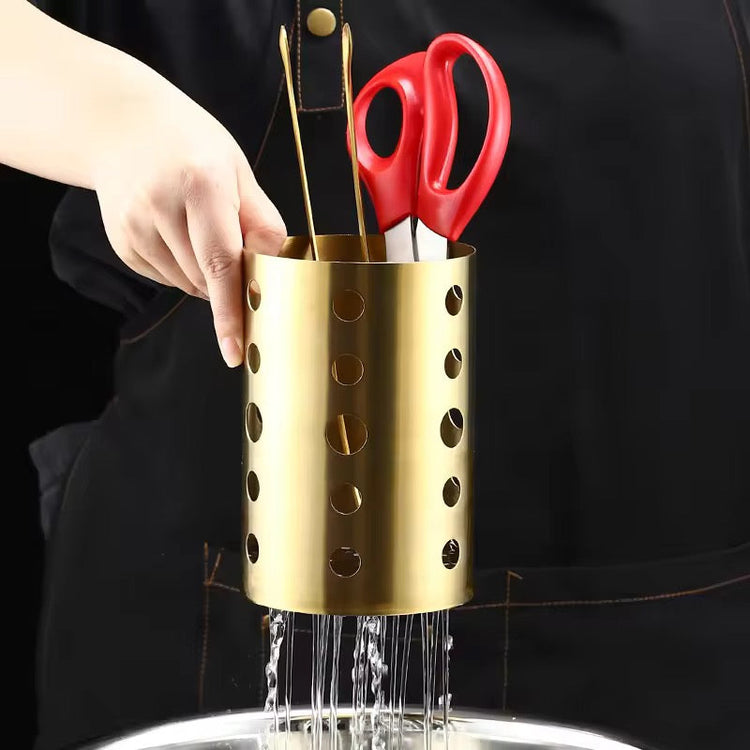 Modern Gold Metal Utensils Holder Sleek Cutlery Organiser for Kitchen Counter Top Storage for Spoons Spatulas and Ladles