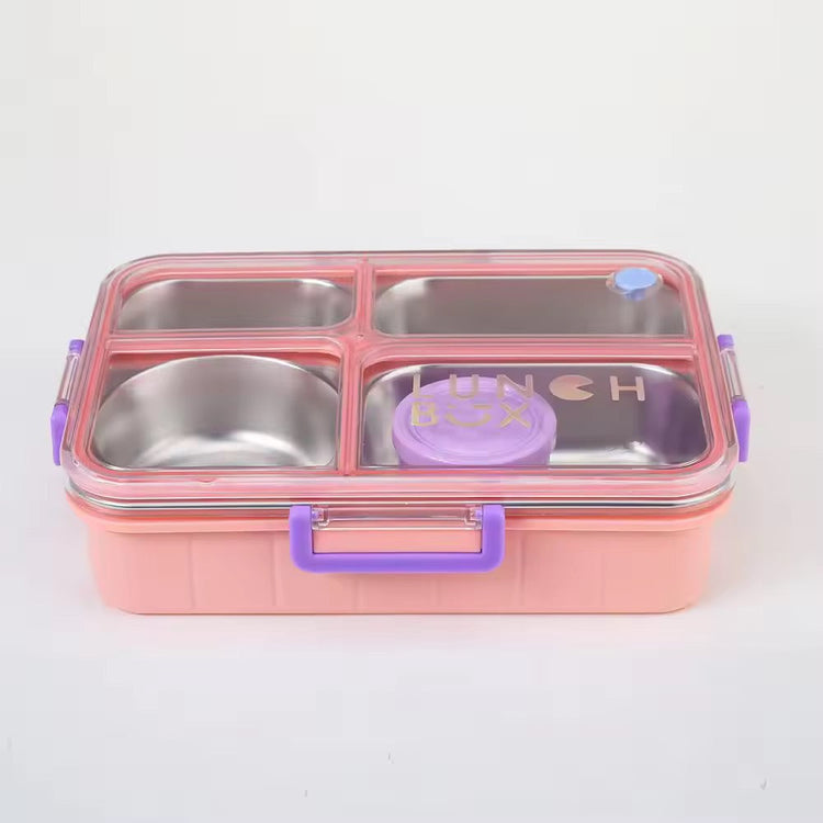 Individually Sealed Silicone 304 Stainless Steel Lunch Box 900ml 4 Compartments with Sauce Bowl and Cutlery 2622