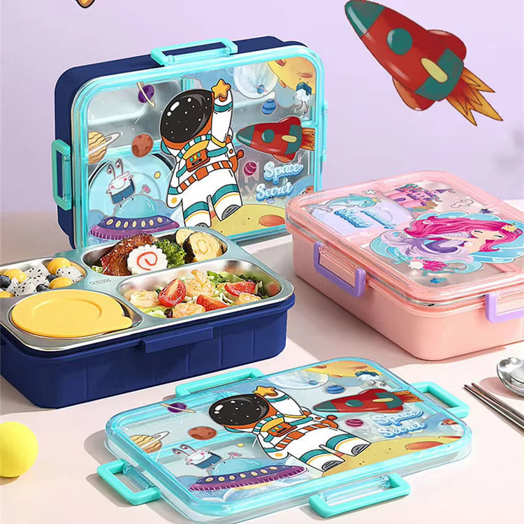 Individually Sealed Silicone 304 Stainless Steel Lunch Box 900ml 4 Compartments with Sauce Bowl and Cutlery