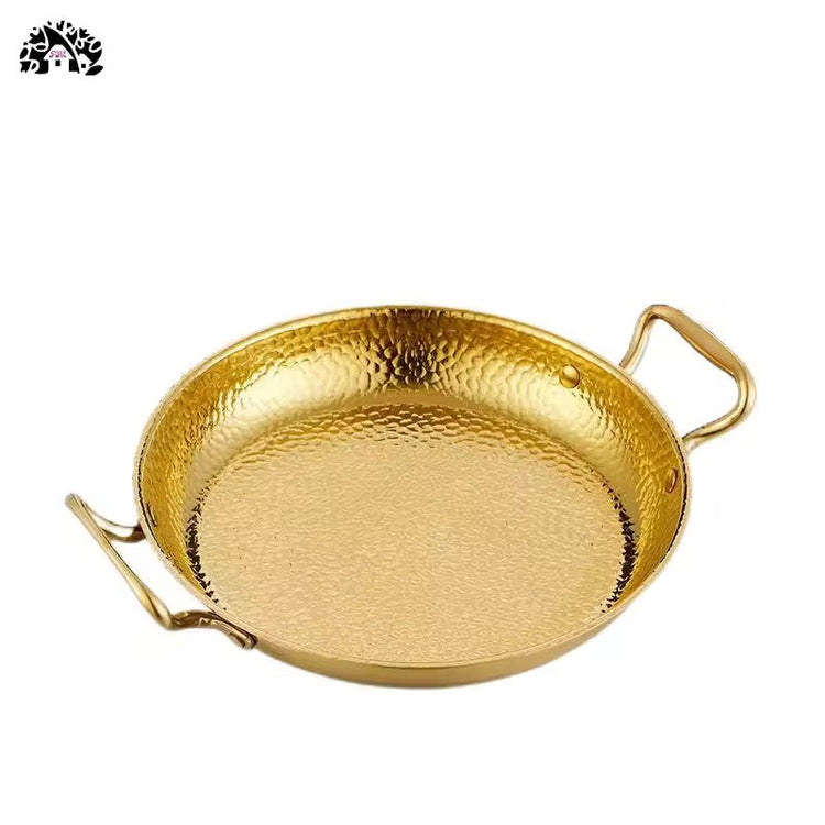 Double Handle Hammered Stainless Steel Paella Pot Frying Spanish Seafood Golden 1Pc