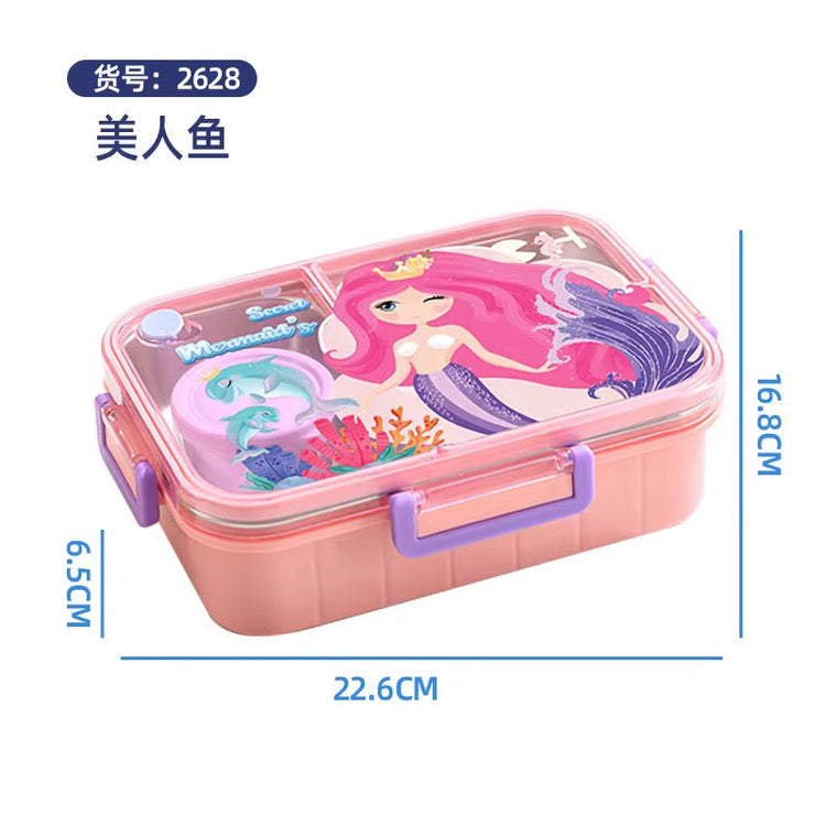 2 Compartments Stainless Steel 750ml Cartoon Character Lunch Box with Soup Bowl 2627