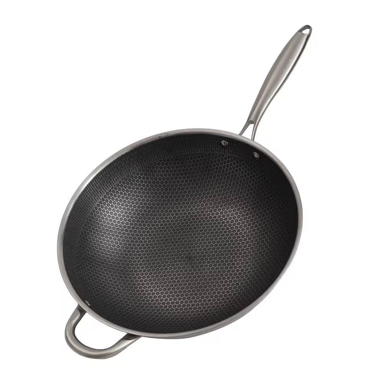 316 Stainless Steel Honey Comb Laser Coated Wok with long handle
