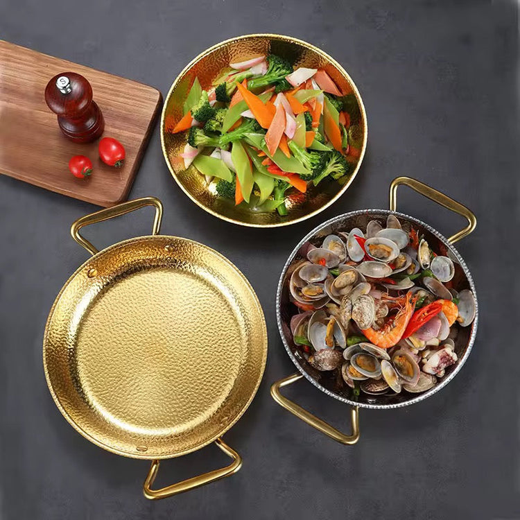 Double Handle Hammered Stainless Steel Paella Pot Frying Spanish Seafood Golden 1Pc