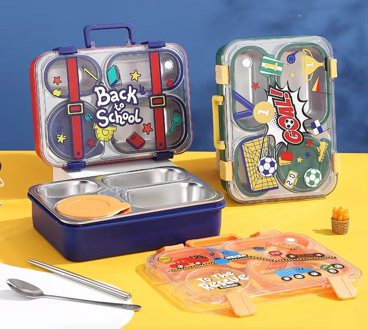 Back to School Stainless Steel 4 Compartments Leak Proof (850ml+150ml Sauce Bowl)Lunch Box LX-7158