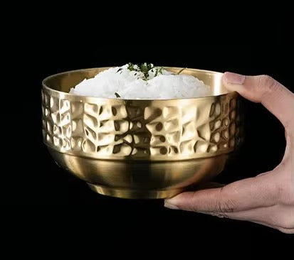 304 Stainless Steel Hammered Double Layer Rice Bowl Serving Bowl Hammered Pattern 1Pc
