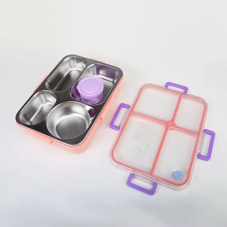 Individually Sealed Silicone 304 Stainless Steel Lunch Box 900ml 4 Compartments with Sauce Bowl and Cutlery 2622