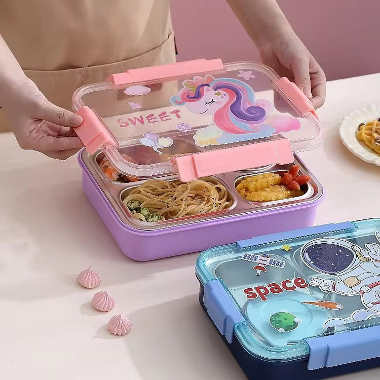 4 Compartments Students Character Leak Proof Lunch Box Stainless Steel with Cutlery and Soup Bowl 2588