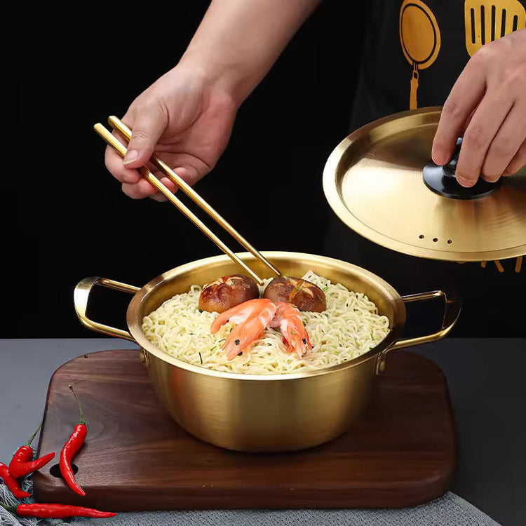 Paella Pan Korean Stainless Steel Golden Ramen Instant Noodle Pot for Induction Cooker Cooking Small Boiling Soup Pot with Metal Lid