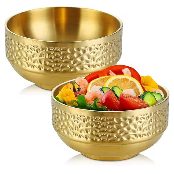 304 Stainless Steel Hammered Double Layer Rice Bowl Serving Bowl Hammered Pattern 1Pc