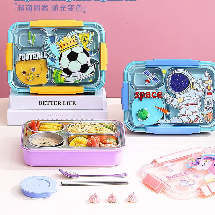 4 Compartments Students Character Leak Proof Lunch Box Stainless Steel with Cutlery and Soup Bowl 2588