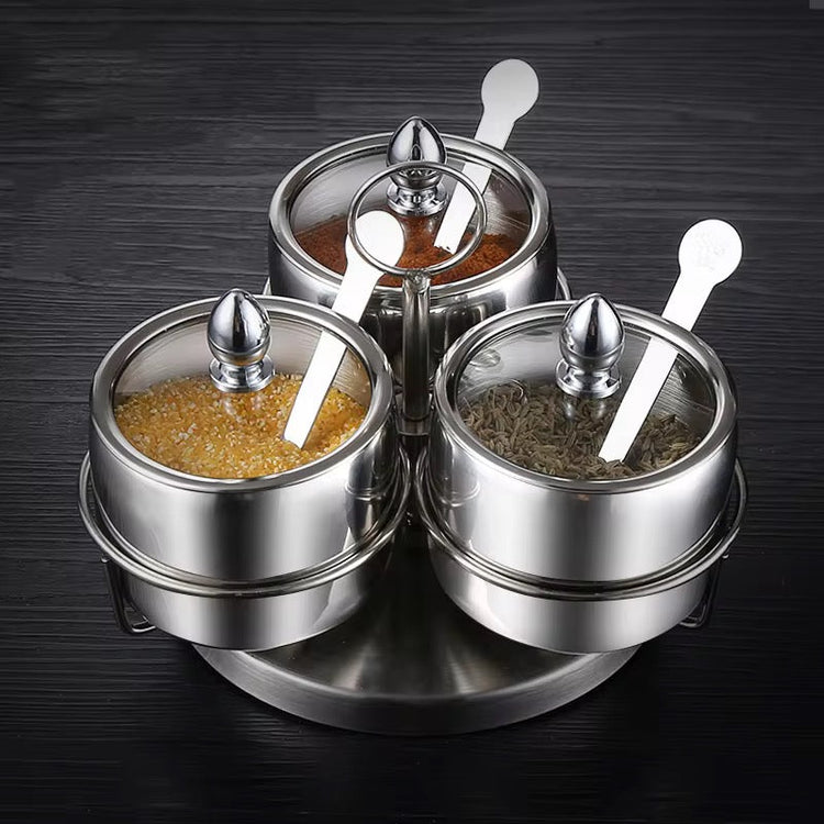 Stainless Steel Seasoning Dispenser Spice Jar 3Pcs with Glass Lids Salt Sugar Pepper Container