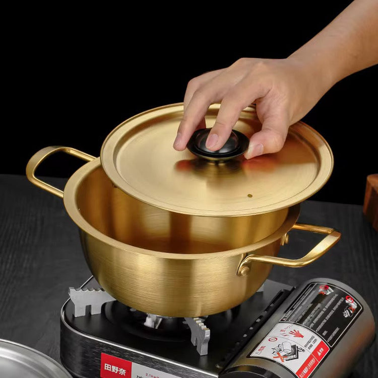 Paella Pan Korean Stainless Steel Golden Ramen Instant Noodle Pot for Induction Cooker Cooking Small Boiling Soup Pot with Metal Lid