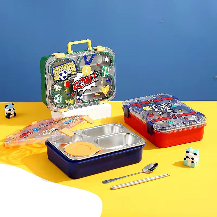 Back to School Stainless Steel 4 Compartments Leak Proof (850ml+150ml Sauce Bowl)Lunch Box LX-7158