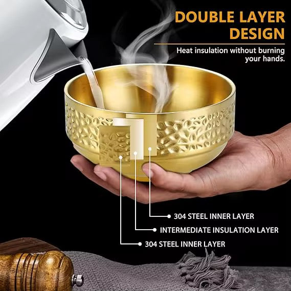 304 Stainless Steel Hammered Double Layer Rice Bowl Serving Bowl Hammered Pattern 1Pc