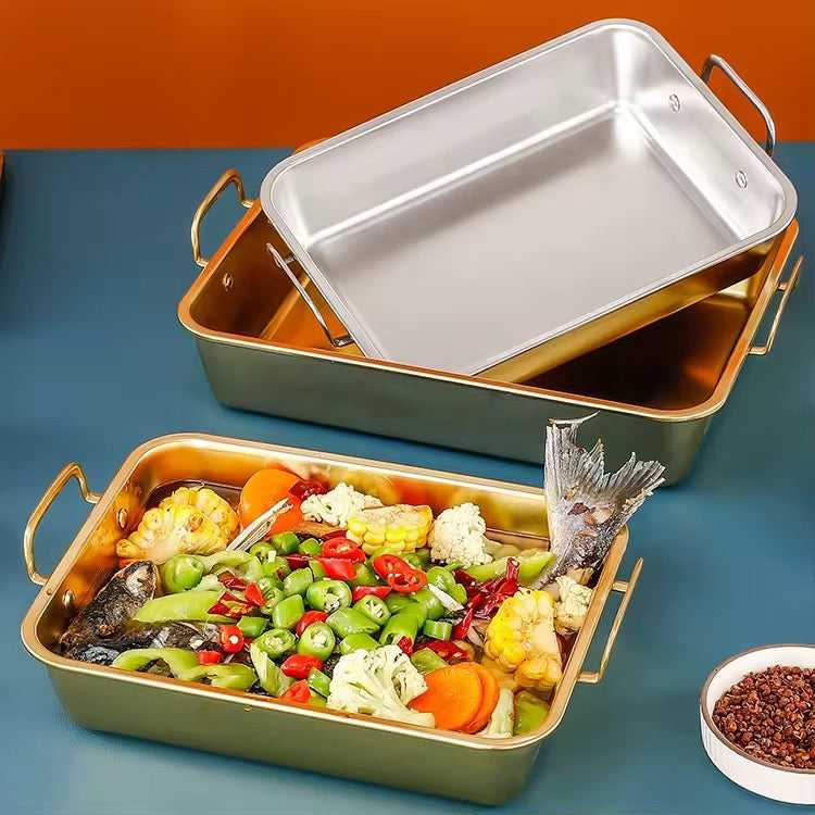 Large Size Golden Rectangle Stainless Steel Roasting Pan for BBQ Kitchen Oven Cooking Microwave Safe