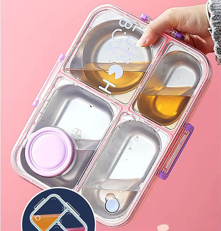 Individually Sealed Silicone 304 Stainless Steel Lunch Box 900ml 4 Compartments with Sauce Bowl and Cutlery 2622