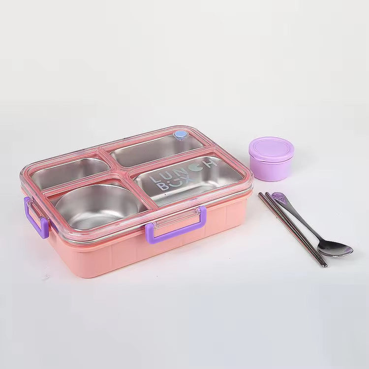Individually Sealed Silicone 304 Stainless Steel Lunch Box 900ml 4 Compartments with Sauce Bowl and Cutlery 2622