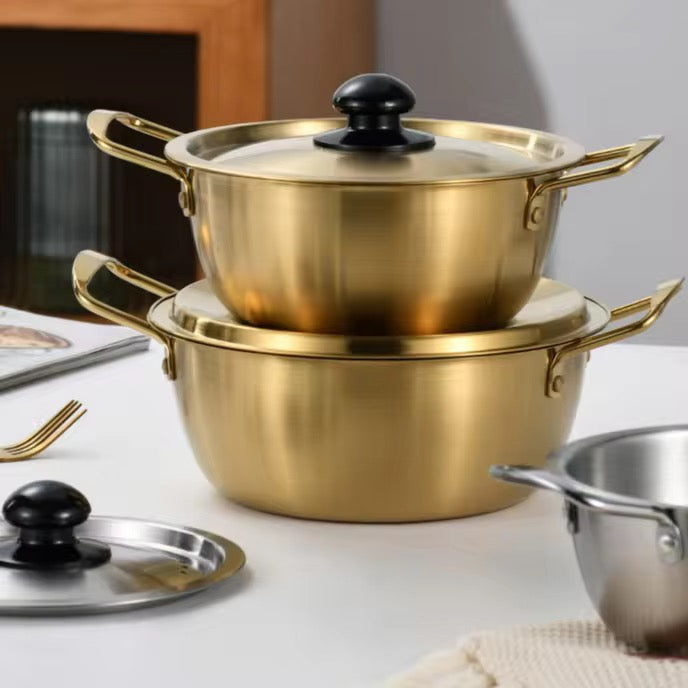 Paella Pan Korean Stainless Steel Golden Ramen Instant Noodle Pot for Induction Cooker Cooking Small Boiling Soup Pot with Metal Lid