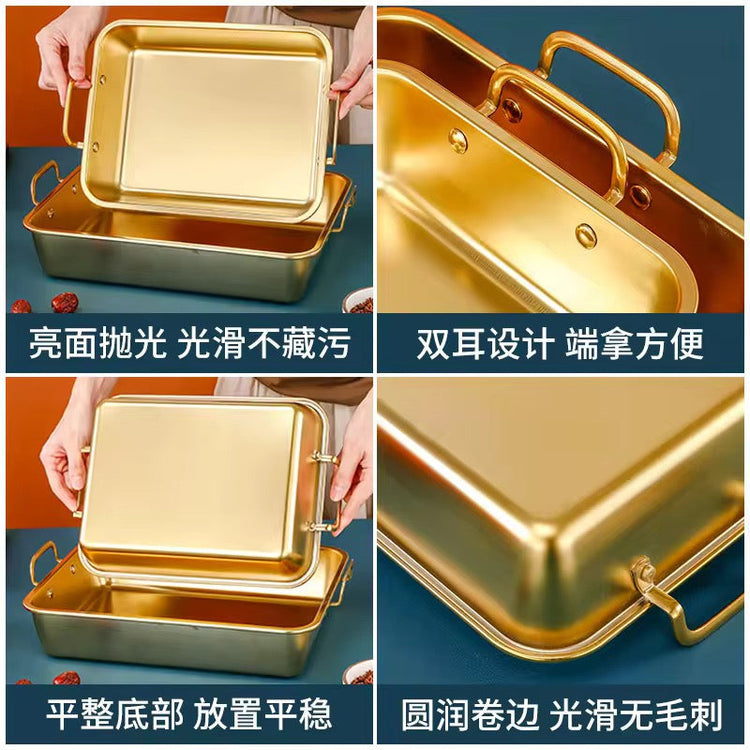 Large Size Golden Rectangle Stainless Steel Roasting Pan for BBQ Kitchen Oven Cooking Microwave Safe