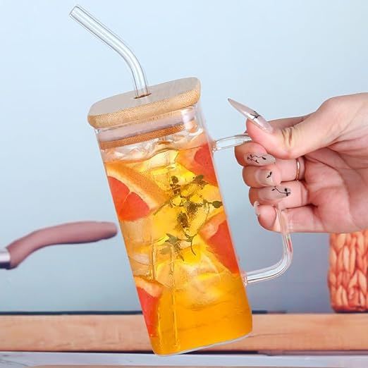 Bamboo Lid Square Glass With Glass Straw