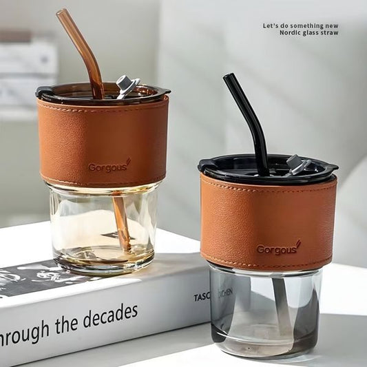 Tea And Cold Coffee Glass Tumbler With Lid And Straw Cups 400ML
