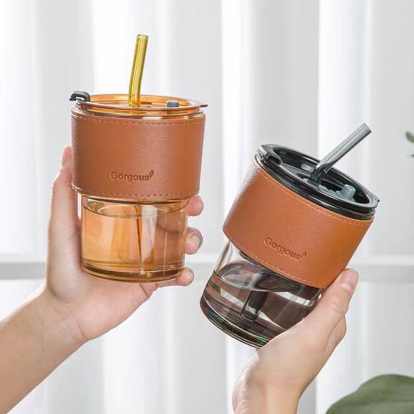 Tea And Cold Coffee Glass Tumbler With Lid And Straw Cups 400ML