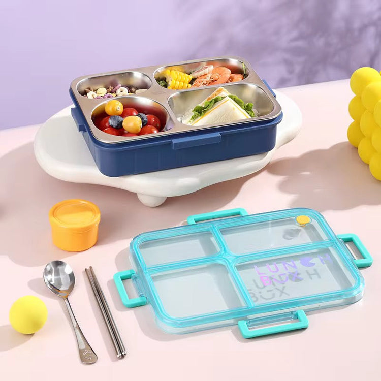 Individually Sealed Silicone 304 Stainless Steel Lunch Box 900ml 4 Compartments with Sauce Bowl and Cutlery 2623