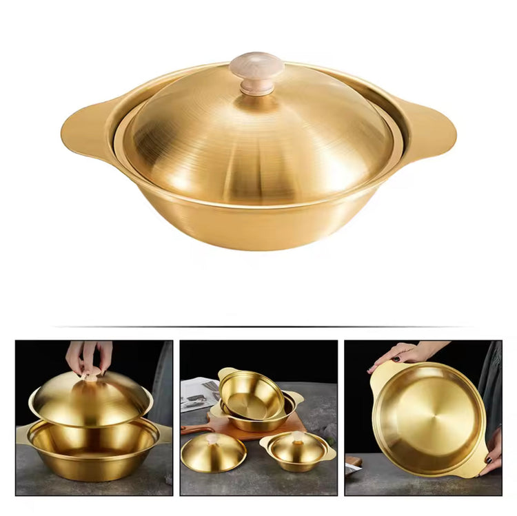 Korean Stainless Steel Commercial Dry Pots Thickened Double Ear Open Flame Flats -Bottomed Golden Dry Pot Lid for Soup Pot