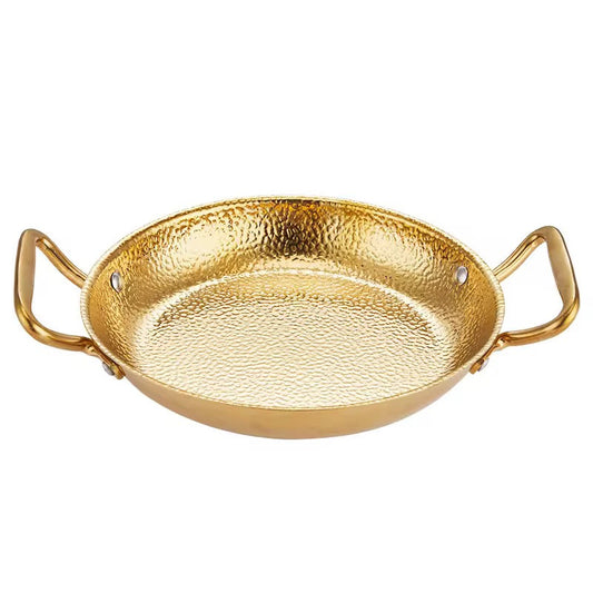 Double Handle Hammered Stainless Steel Paella Pot Frying Spanish Seafood Golden 1Pc