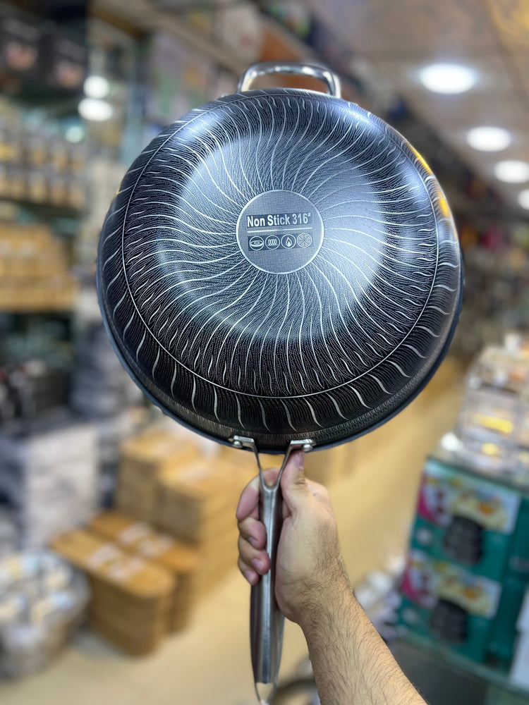 316 Stainless Steel Honey Comb Laser Coated Wok with long handle