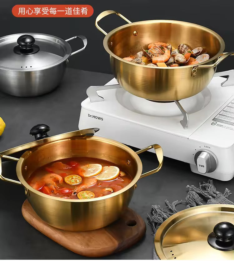 Paella Pan Korean Stainless Steel Golden Ramen Instant Noodle Pot for Induction Cooker Cooking Small Boiling Soup Pot with Metal Lid