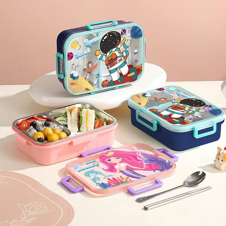 2 Compartments Stainless Steel 750ml Cartoon Character Lunch Box with Soup Bowl 2627