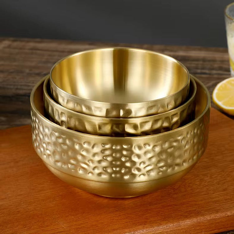 304 Stainless Steel Hammered Double Layer Rice Bowl Serving Bowl Hammered Pattern 1Pc