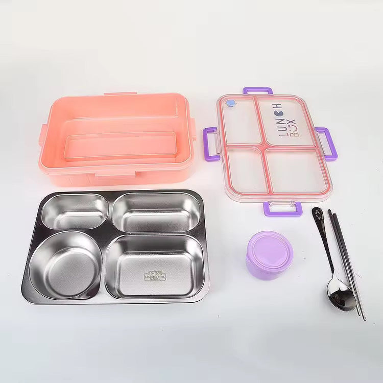 Individually Sealed Silicone 304 Stainless Steel Lunch Box 900ml 4 Compartments with Sauce Bowl and Cutlery 2622