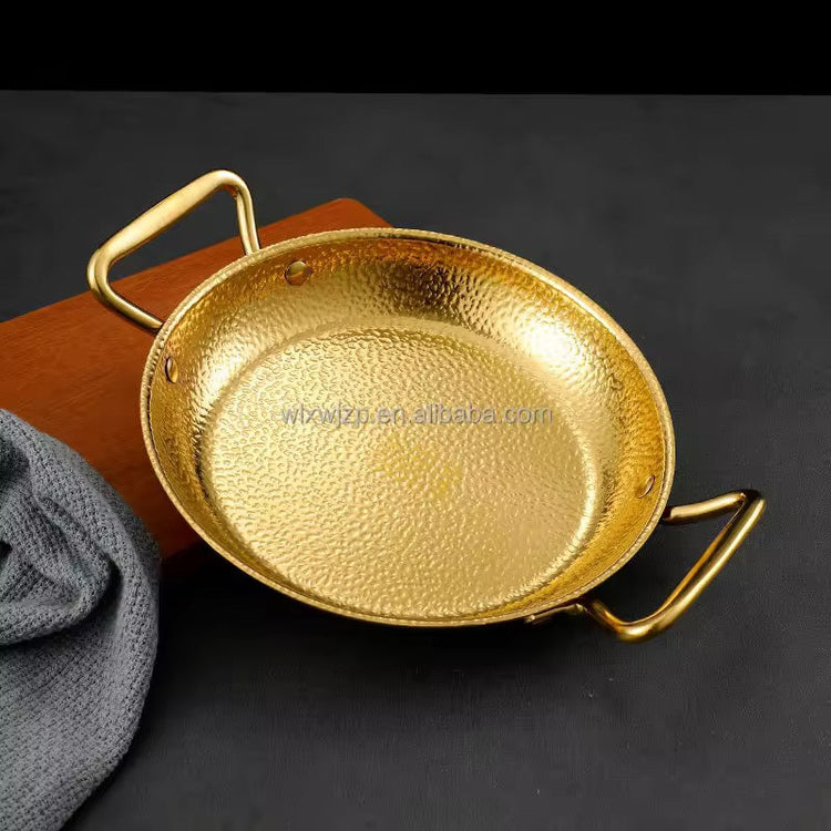 Double Handle Hammered Stainless Steel Paella Pot Frying Spanish Seafood Golden 1Pc