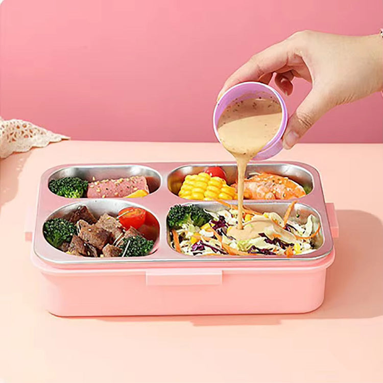 Individually Sealed Silicone 304 Stainless Steel Lunch Box 900ml 4 Compartments with Sauce Bowl and Cutlery 2622