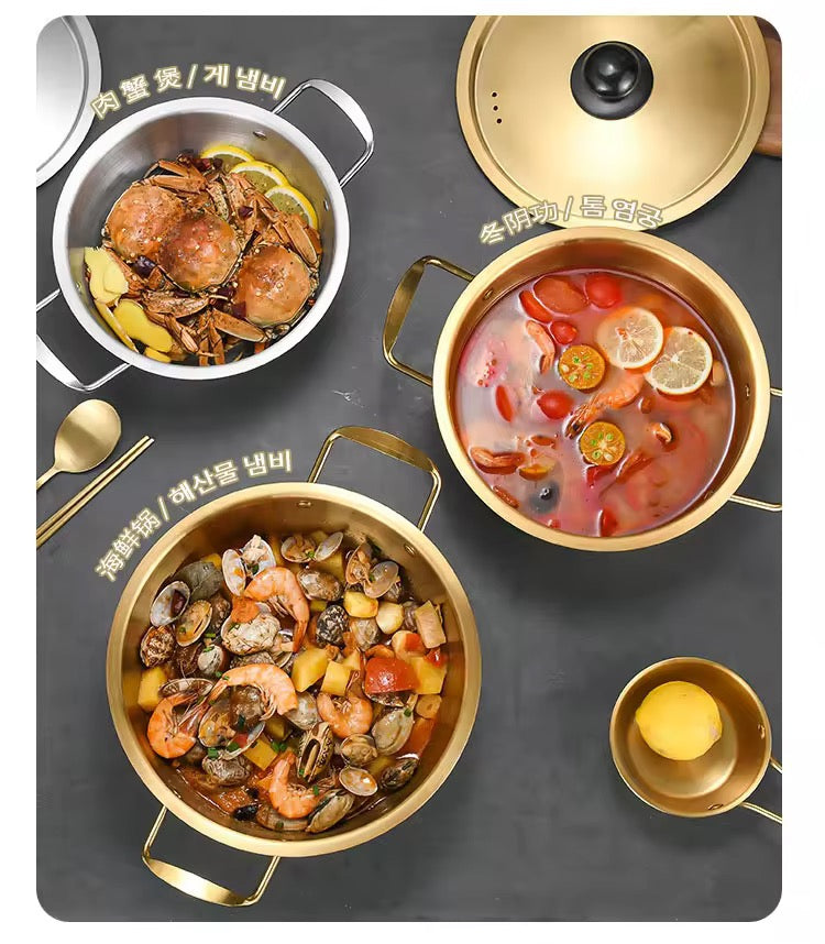 Paella Pan Korean Stainless Steel Golden Ramen Instant Noodle Pot for Induction Cooker Cooking Small Boiling Soup Pot with Metal Lid
