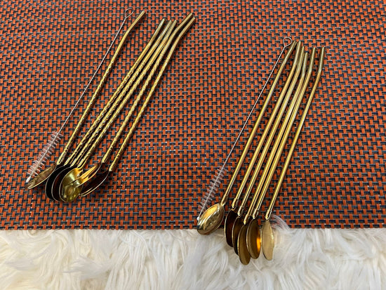 6Pcs Stainless Steel Spoons Drinking Straws With Straw Cleaning Brush - TheBawarchiKhana