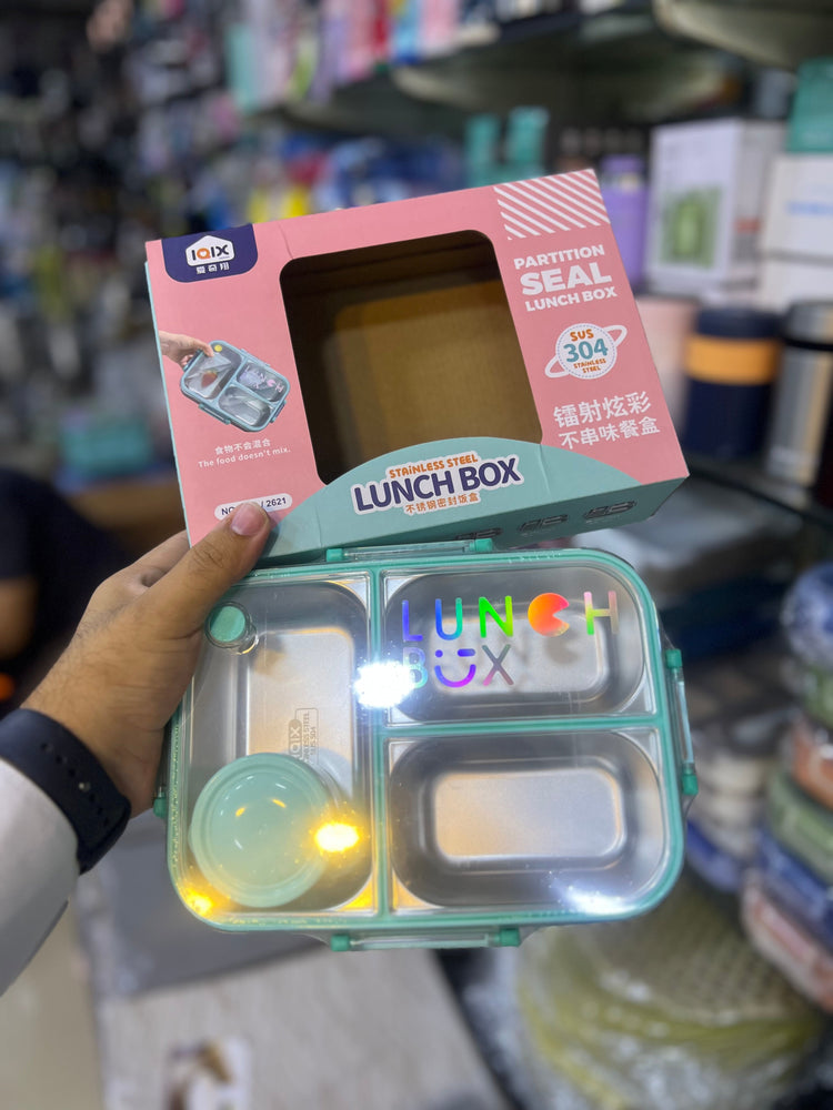 3 Compartments Stainless Steel Lunch Box with Sauce Bowl and Cutlery Leak Proof 2621