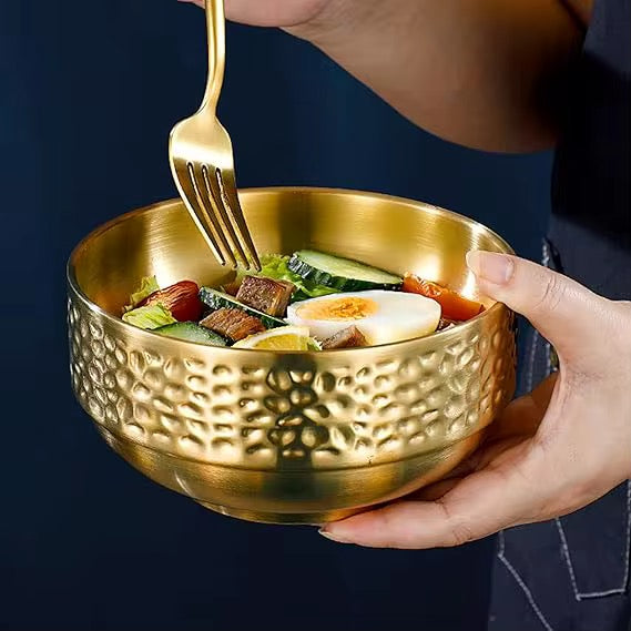 304 Stainless Steel Hammered Double Layer Rice Bowl Serving Bowl Hammered Pattern 1Pc