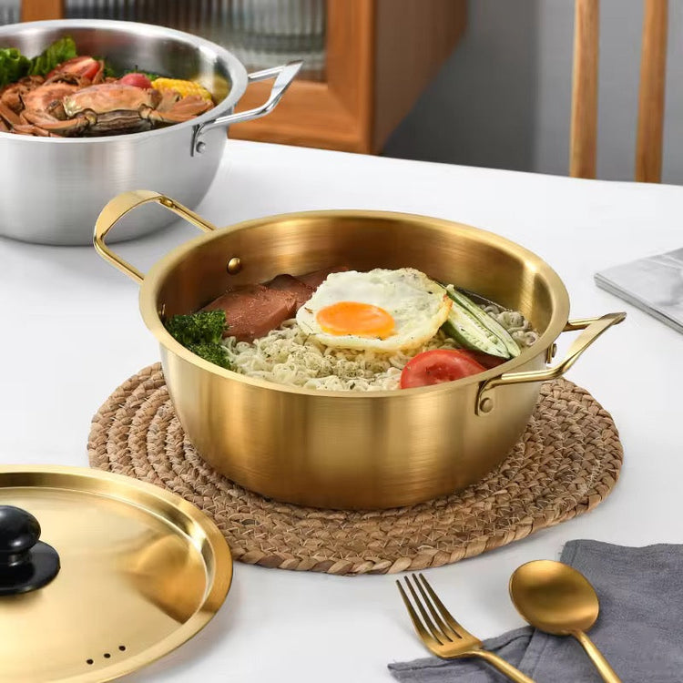 Paella Pan Korean Stainless Steel Golden Ramen Instant Noodle Pot for Induction Cooker Cooking Small Boiling Soup Pot with Metal Lid