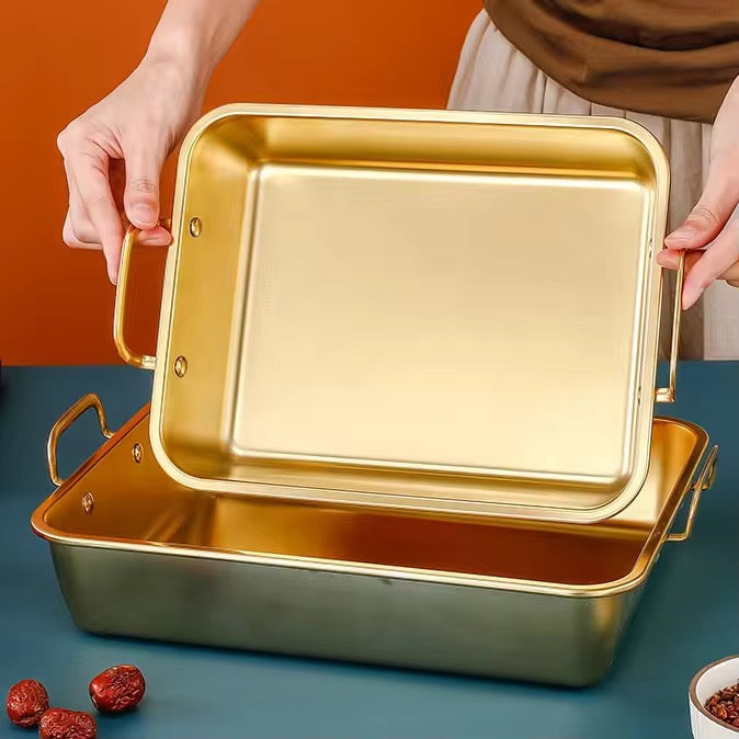 Large Size Golden Rectangle Stainless Steel Roasting Pan for BBQ Kitchen Oven Cooking Microwave Safe