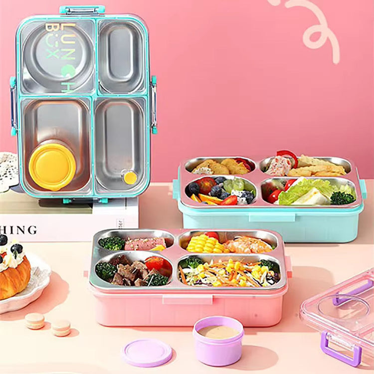 Individually Sealed Silicone 304 Stainless Steel Lunch Box 900ml 4 Compartments with Sauce Bowl and Cutlery 2622