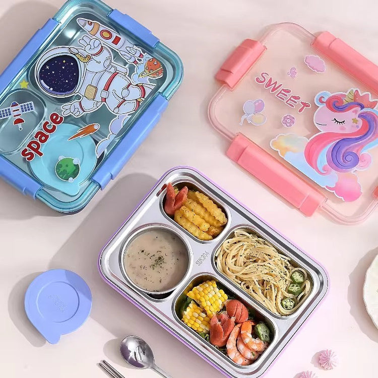 4 Compartments Students Character Leak Proof Lunch Box Stainless Steel with Cutlery and Soup Bowl 2588