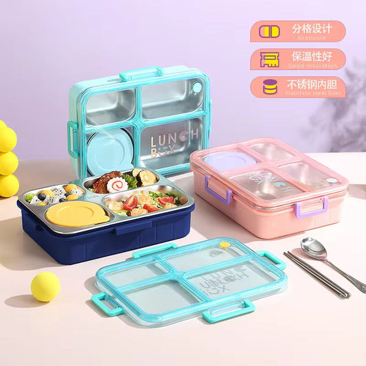 Individually Sealed Silicone 304 Stainless Steel Lunch Box 900ml 4 Compartments with Sauce Bowl and Cutlery 2623