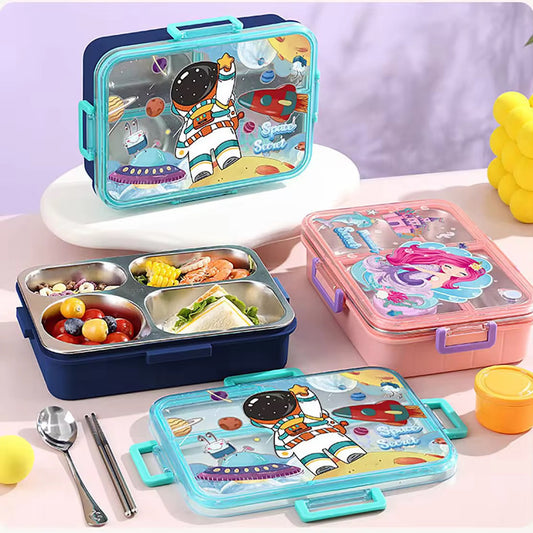 Individually Sealed Silicone 304 Stainless Steel Lunch Box 900ml 4 Compartments with Sauce Bowl and Cutlery