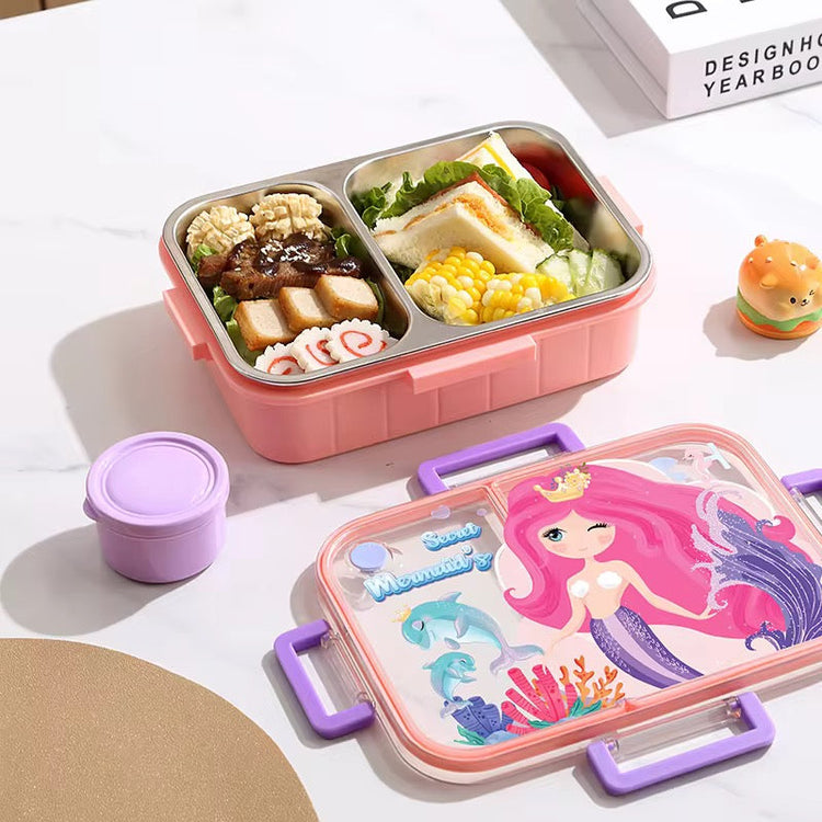 2 Compartments Stainless Steel 750ml Cartoon Character Lunch Box with Soup Bowl 2627