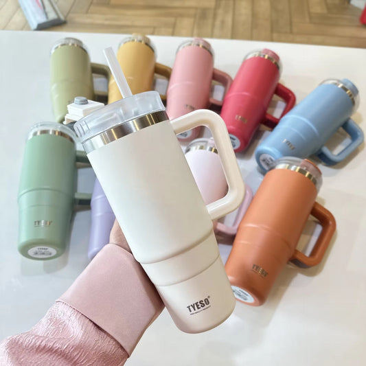 TYESO LARGE VACUUM INSULATED COFFEE CUP 900ML PINK STAINLESS STEEL THERMAL FLASK TUMBLER WATER BOTTLE ICE COOL CAR CUP