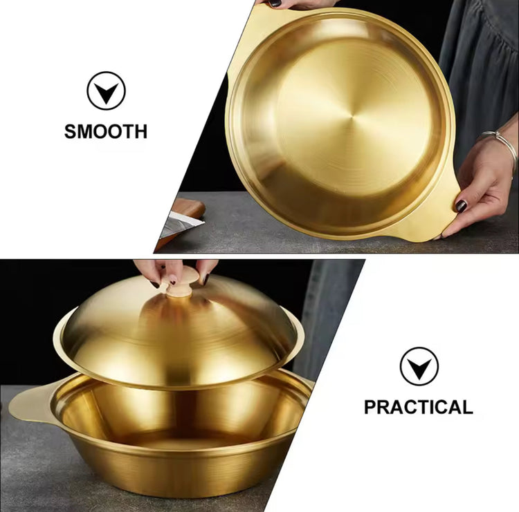 Korean Stainless Steel Commercial Dry Pots Thickened Double Ear Open Flame Flats -Bottomed Golden Dry Pot Lid for Soup Pot
